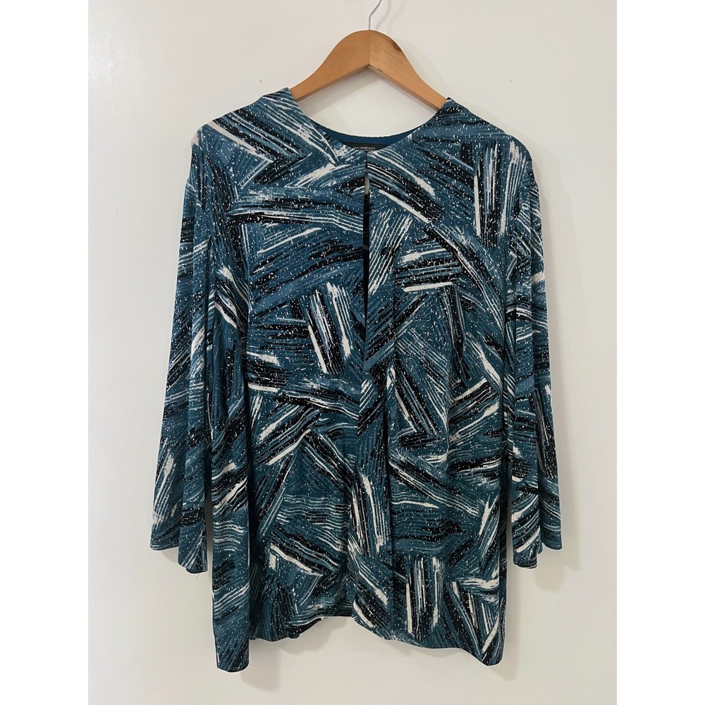 Alex Evenings Women's Teal Glitter‎ Abstract Print Open Front Long Sleeve Top 3X